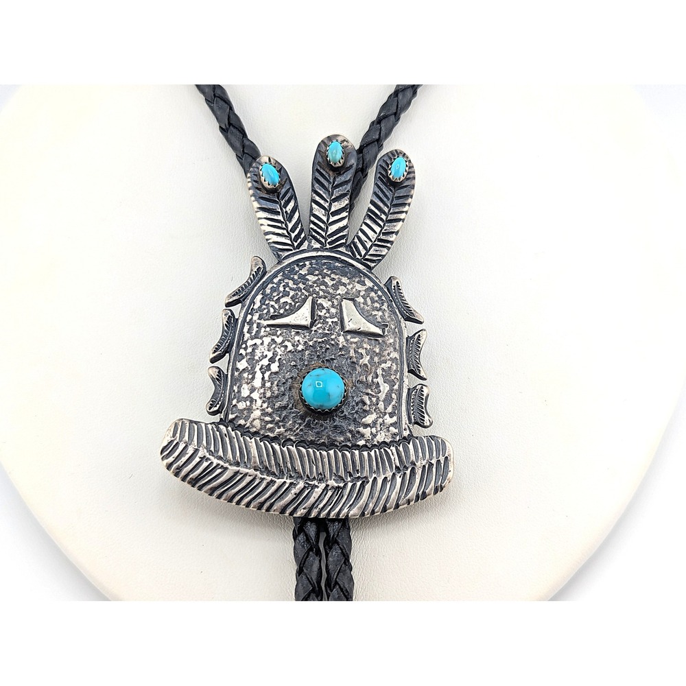 Navajo Yei Bi Chei Turquoise Bolo Tie‎ Handcrafted Sterling Silver Leather**
